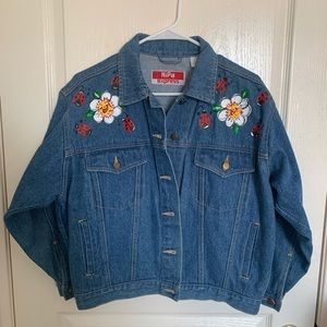 Thrifted Jean Jacket w/ original artwork ladybug
